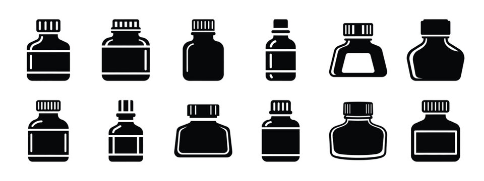 ink bottle vector icon set and silhouette art isolated on white background