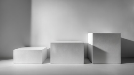 Three white rectangular blocks arranged horizontally with varying heights, smooth surfaces, soft corners,