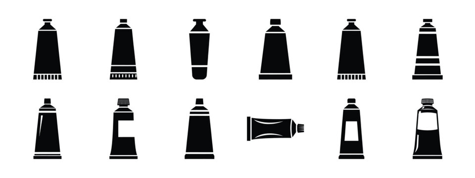 paint tube vector icon set and silhouette art isolated on white background