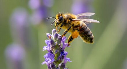 Macro European Honey Bee Collecting Pollen on Blooming Purple Lavender Flower