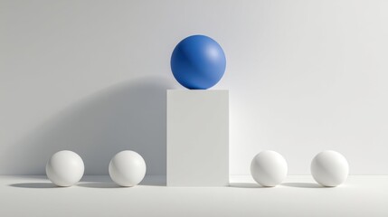 A blue sphere rests on a white pedestal accompanied by four evenly spaced white spheres in a minimalist geometric arrang