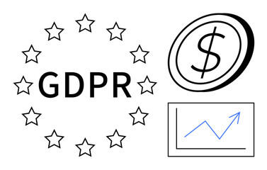 Data privacy, GDPR compliance, financial regulations, cybersecurity, business growth, legal frameworks. GDPR text encircled by stars, dollar coin line chart. Data privacy and GDPR compliance