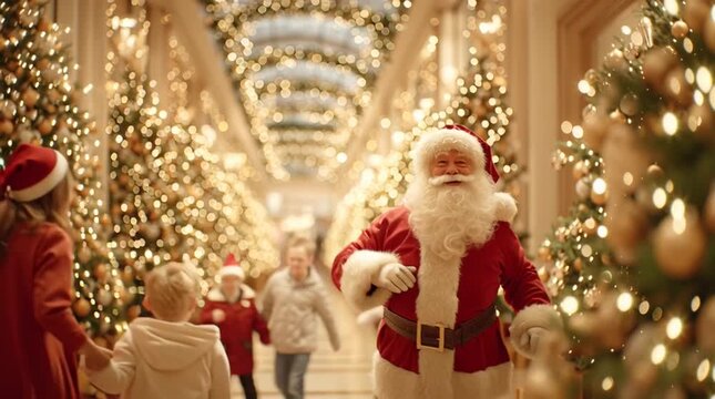 Santa waves at visitors in a festive hall filled with Christmas trees and lights during the holiday season