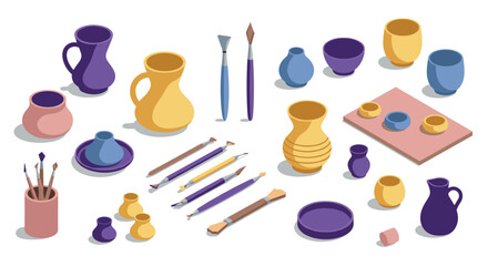 Artistic pottery and paint brushes in isometric view: colorful ceramic art supplies