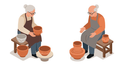 Elderly potters crafting ceramics in isometric style