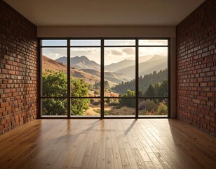 Modern interior with brick walls and a expansive view of mountains and trees