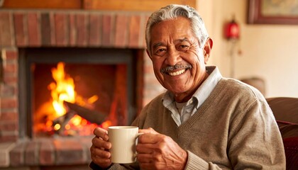 Elderly man with warm smile enjoys hot drink by fireplace, creating a cozy, comforting atmosphere