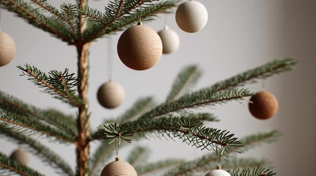 Decorating a simple Christmas tree with natural wooden ornaments at home during the holiday season