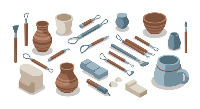 Isometric pottery tools and clay set on white background for craft enthusiasts - Powered by Adobe