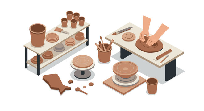 Isometric pottery workshop scene with hands crafting clay on wheel