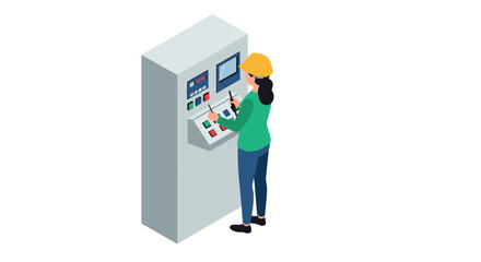 Isometric factory worker operating control panel for industrial safety
