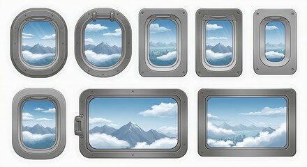 Airplane windows showing mountain landscape and clouds from above.