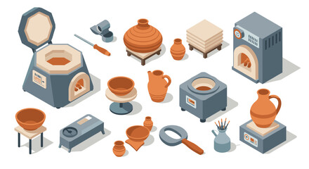 Pottery workshop tools and equipment in isometric style