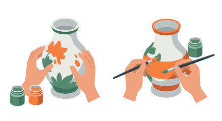 Artistic pottery painting with hands and floral design in flat style