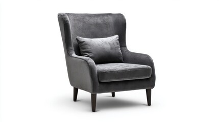 A sleek modern armchair with dark gray upholstery and tapered wooden legs sits against a plain white background,