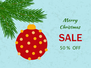 Christmas horizontal background. A red glitter ball on a green fir branch. The text "Merry Christmas" on a blue textured background. A rectangular New Year's banner for sales and discounts.