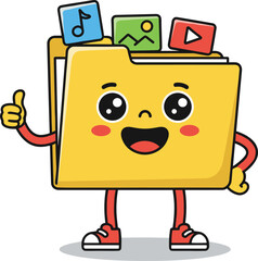 Happy file folder character, multimedia content icons, smiling digital organizer, cartoon document mascot, cheerful media storage, flat vector illustration
