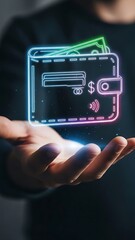 Digital Wallet Icon Glowing Above Hand. E-wallet, Online Payments, Fintech, and Secure Transaction Technology Concept.