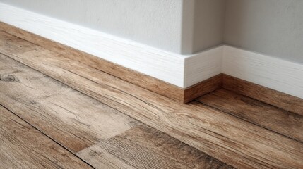 A rustic wooden floor meets a light gray wall with pinkish trim,