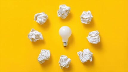 A white light bulb at the center surrounded by crumpled white papers arranged like petals on a vibrant yellow background