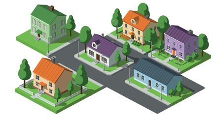 Colorful isometric neighborhood scene with houses and trees