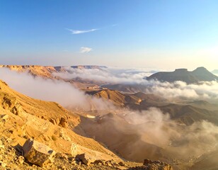 Panoramic landscape view of desert mountains enveloped in low lying clouds