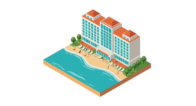 Isometric beachside resort with pool and palm trees