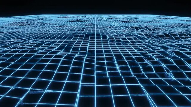 Abstract blue digital technology grid with binary code pattern and 3D perspective texture