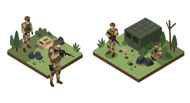 Isometric military scene with soldiers in camouflage on base