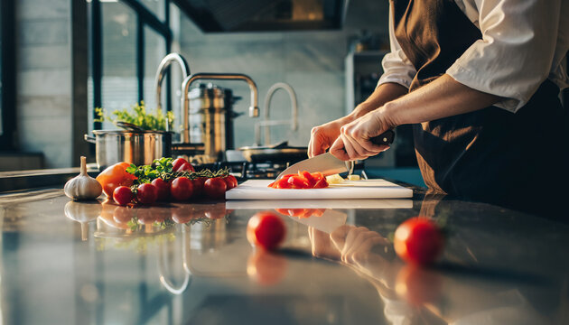 A person slices red bell peppers on a cutting board surrounded by fresh vegetables in a bright kitchen. 