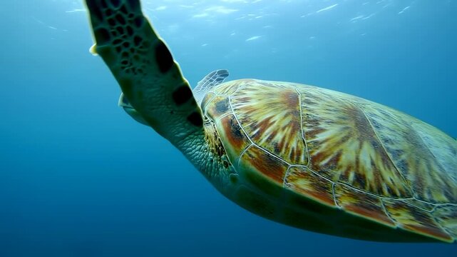 A sea turtle swims underwater, its patterned shell and flipper displayed against the blue