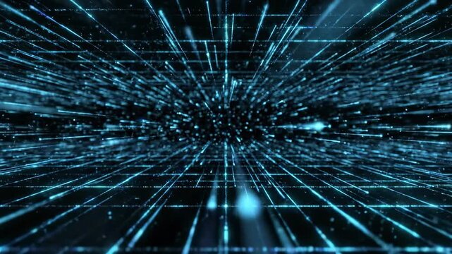 Dark abstract background showing a digital matrix grid with faint, glowing particles briefly appearing and dissolving seamlessly in an infinite data loop undefined, future, digital