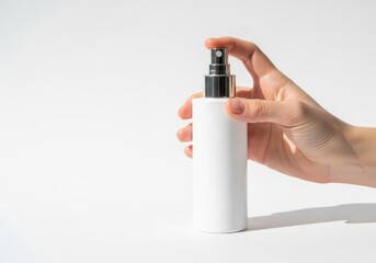 White cosmetic spray bottle held in hand with nozzle being sprayed on clean background
