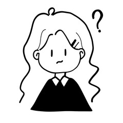 Cute hand drawn line art illustration of a confused girl thinking with a question mark