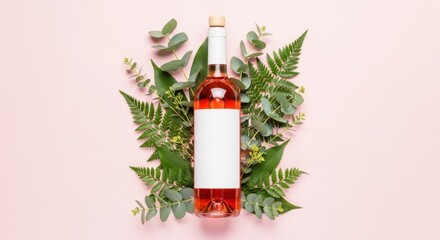 Rosé wine bottle with blank white label surrounded by fresh greenery and plants on soft pink background
