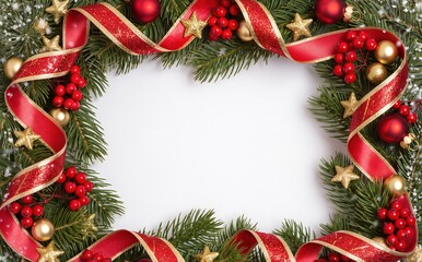 Traditional red ribbon wreath featuring evergreen and decorations