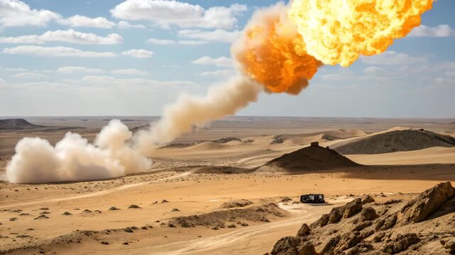 Long-range missile experiencing a powerful in-flight explosion creating a massive fiery blast over a barren desert landscape.