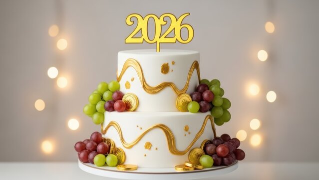 Elegant 2026 Cake with Grapes and Gold Accents