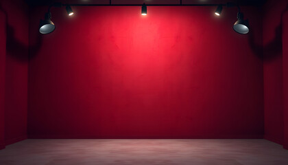 Obraz premium Empty burgundy plastered wall lit by dim ceiling lights, studio room to display your products. Background from floor and wall, enhance. White tone