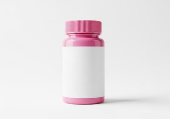 Pink plastic supplement bottle with blank white label on clean white background
