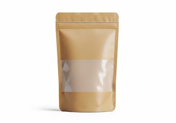 Brown kraft stand-up pouch with clear window for product display on clean white background
