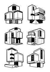 Set of Hand Drawn Architectural Sketches of Modern Modular Houses