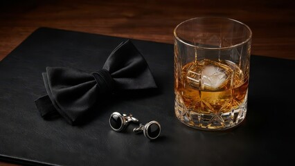 Elegant black tie accessories with a glass of whiskey on dark slate background, symbol of classy evening style and luxury.