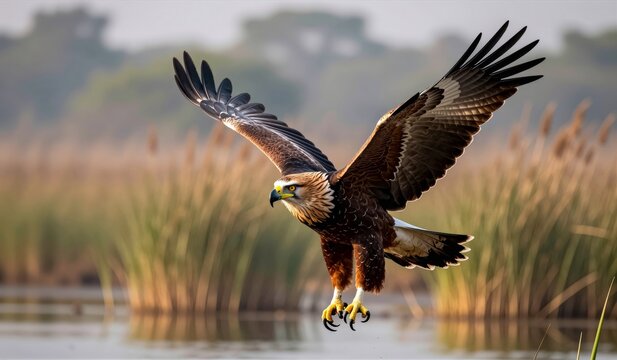 Majestic eagle takes flight over shimmering waters at sunset in a serene wetland landscape - Powered by Adobe
