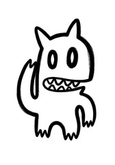 Quirky abstract black and white illustration of a tiny cartoon monster figure with sharp teeth and wide open eyes, drawn using a rough sketch outline and stylized grunge street art brush strokes