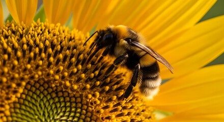 Fluffy bumblebee collecting pollen on vibrant yellow sunflower macro view