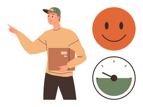 Young man wearing a cap holding a cardboard box, pointing ahead, alongside a smiling face and speed gauge. Ideal for delivery, logistics, efficiency, customer service, happiness, reliability