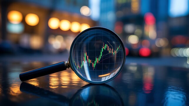 Magnifying glass focusing on rising financial stock chart in urban city environment at night
