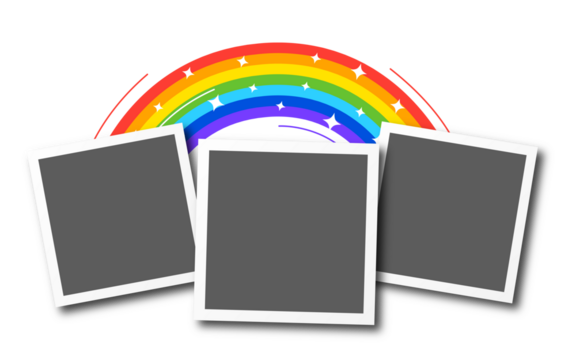 Three photo frames under a colorful rainbow