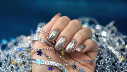 Close-up of a Womans Hand with Glittery Nails Holding Shiny Decorations.